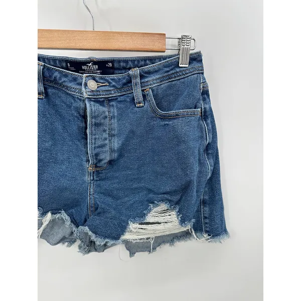 Hollister Womens 9 Blue Curvy High Rise 3" Mom Distressed Button Fly Jean Shorts - Image 3