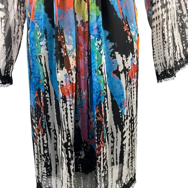 Vintage Oleg Cassini 80s 90s Abstract Boho Sheer Bell Sleeve Midi Dress Sz 6 - Image 8