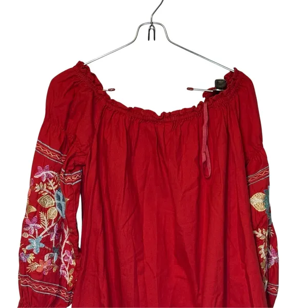 Free People Womens Dress Fleur Du Jour Embroidered Mini Off Shoulder Red Small - Image 9