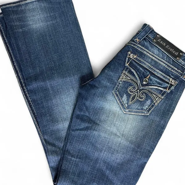 Rock Revival Size 30x34 Sora Boot Cut Jeans - Blue Flare Denim with Embellished - Image 3