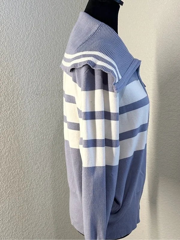 Marc New York Light Blue and White Striped Zip Up Sailor Collar Cardigan - Image 4