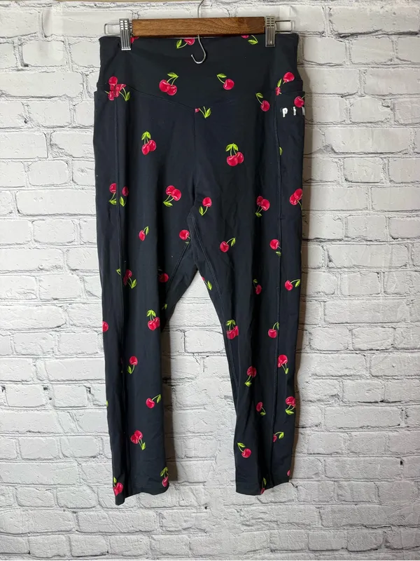 Women’s VS Pink Black Leggings with Red Cherry Print size large - Image 7