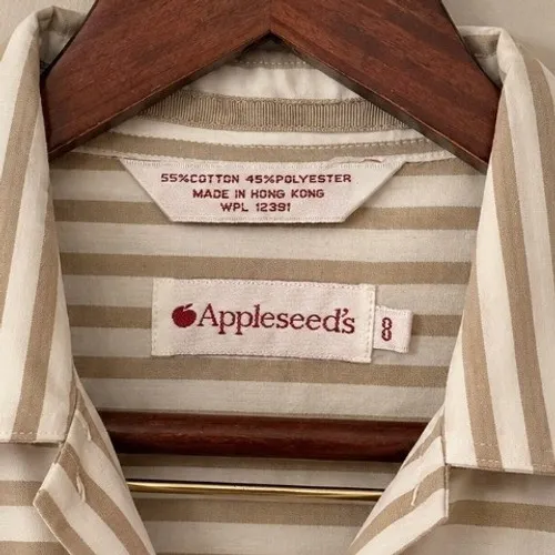 Appleseeds Womens Tan White Striped Button Down Shirt Long Sleeve Blouse Size 8 - Image 5
