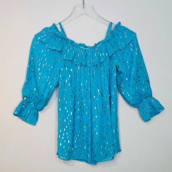 Lilly Pulitzer CeeCee Turquoise Oasis Metallic Off-Shoulder Blouse Shirt Top - Image 4