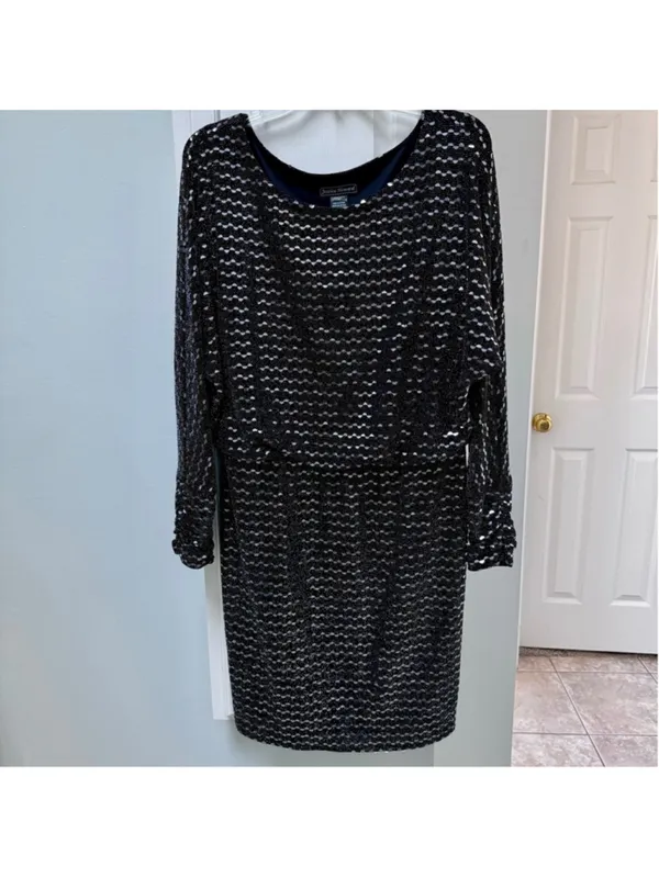 Jessica Howard Cocktail Dress, Black Silver Sparkle 12 Knee Length Long Sleeve - Image 3