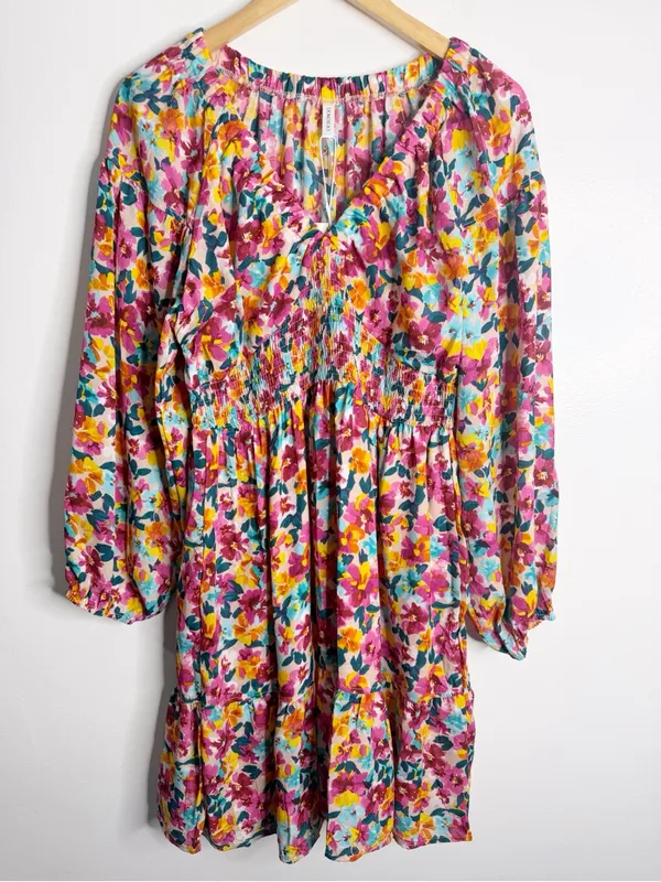 Boho Floral Dress Long Sleeve‎ Babydoll Smocked Large Whimsigoth Cottagecore - Image 2