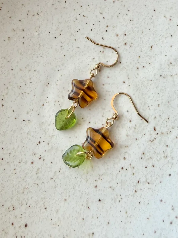 Handmade unique retro vintage fairy boho style dangle earrings w/ quality Czech glass beads mix 🌀🍃💛 - Image 2