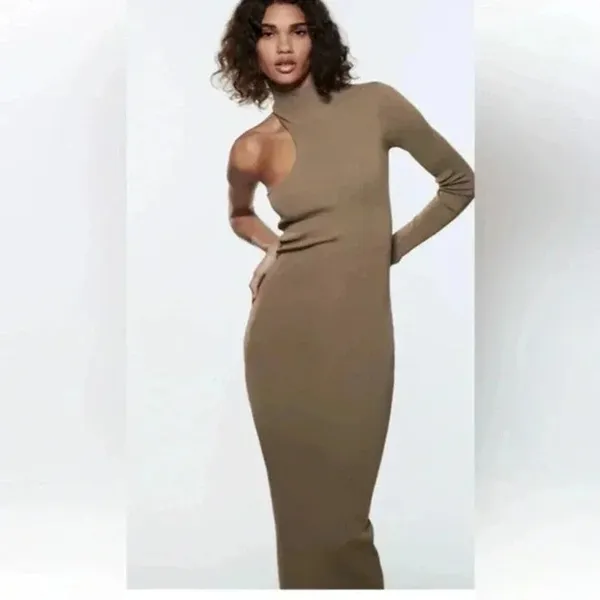 Zara Mink Brown Bandage Knit Asymmetrical Bodycon Midi Dress One Shoulder SMALL - Image 2
