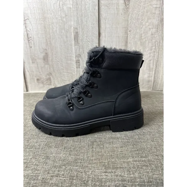 Womens Sz 7 Black Faux Fur-Lined Boots Side Zipper & Lace-Up Emo Goth Grunge - Image 4