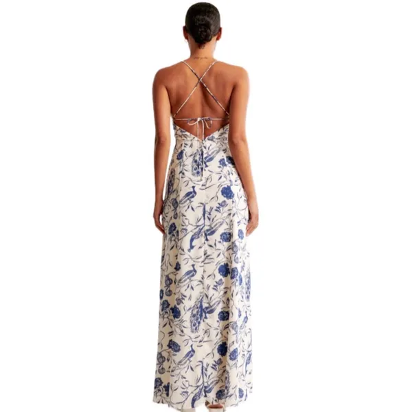 Abercrombie & Fitch Blue White Peacock Toile Maxi Dress XL Lace Up Back Slit - Image 5