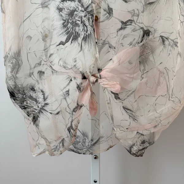 Silk Floral Boho Fairy Ethereal Tie Waist Sleeveless Blouse Pink Cream S - Image 5