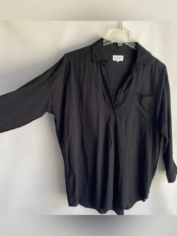 Risen black linen long length collared tunic top shirt blouse cover up coastal S - Image 2