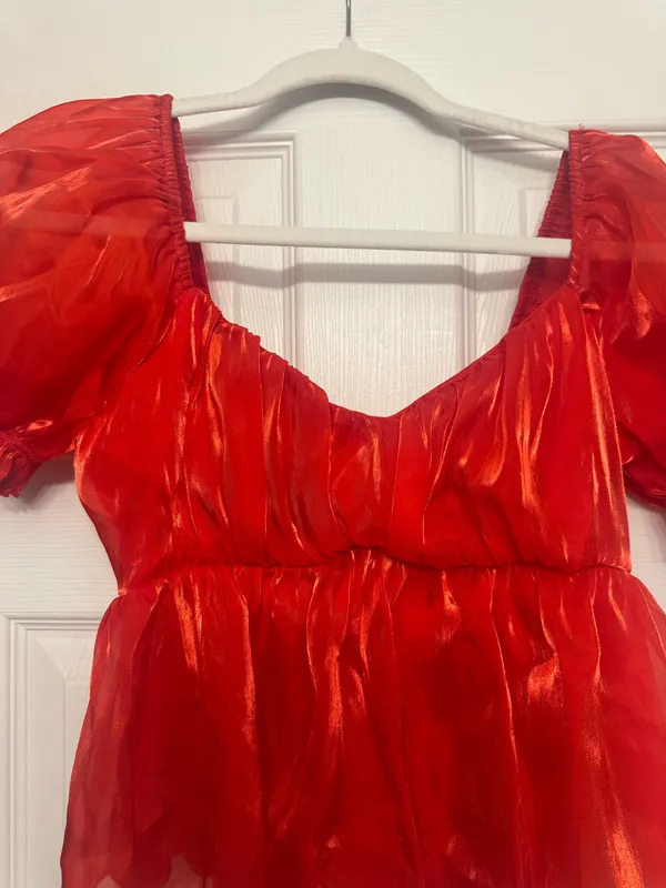 Women's Red Shiny Puff Sleeve Top - Image 2
