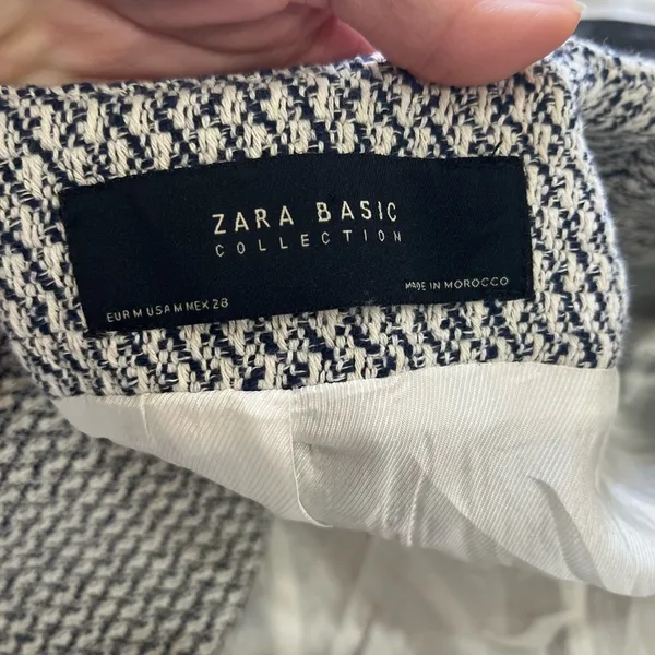 Zara Navy & Ecru Long Jacquard Blazer Jacket With Zipped Pockets Sz M Career Euc - Image 8