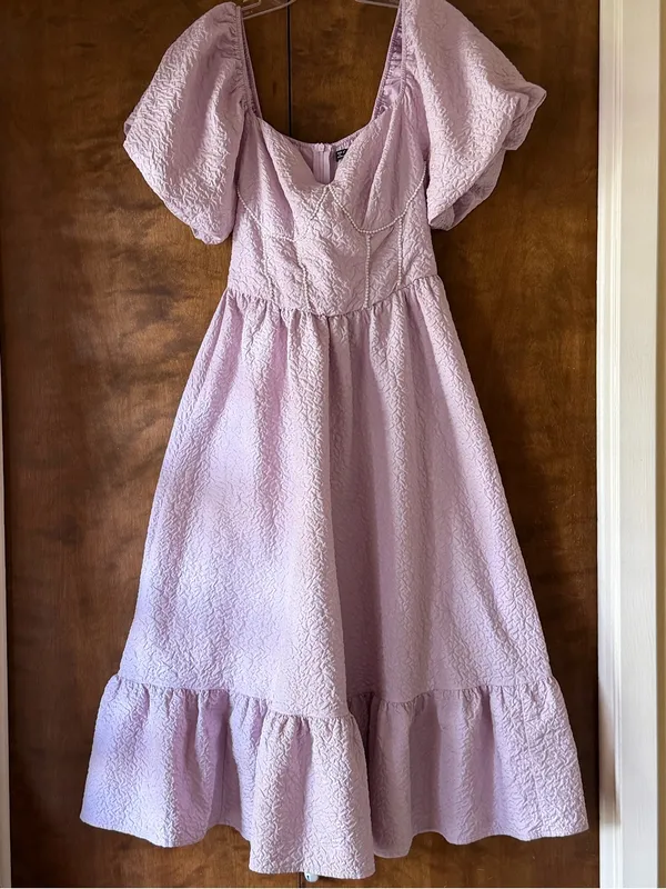 Simplee Lavender Puff Sleeve Pearl Trim Midi Dress Sweetheart Tiered Ruffle S - Image 2