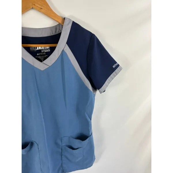 Greys Anatomy Active Short Sleeve Blue Color Block Scrub Top Size Small - Image 2