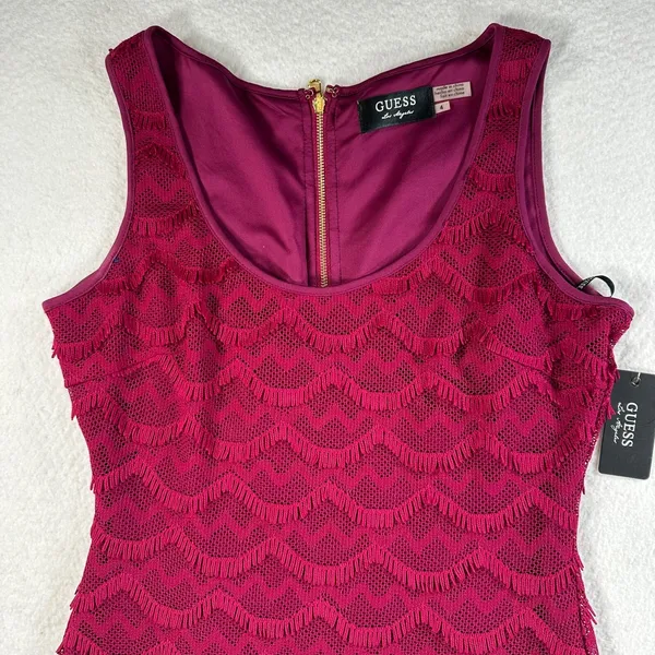 GUESS Fringe Sheath Dress Wine Scalloped Womens Size 4 Sleeveless Short New - Image 3