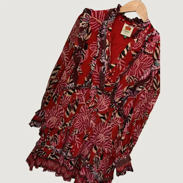 Farm Rio Red Tropical Tapestry Ruffle Tiered Mini Dress XS Floral Long Sleeve - Image 3
