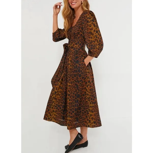 NEW Tuckernuck Leopard Graciela Belted Dress Brown Black Size 8 / Medium - Image 3