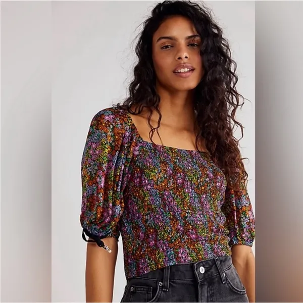 Free People Floral Smocked Crop Top XS Puff Sleeve Tie Back Blouse - Image 10