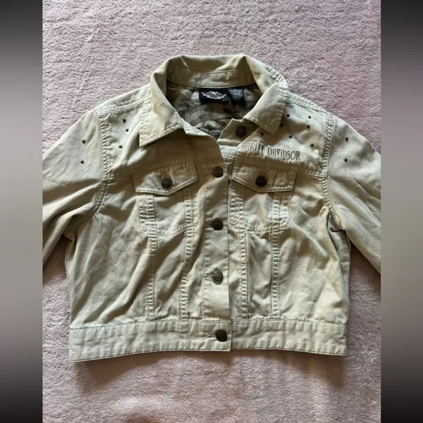 HARLEY DAVIDSON Women’s Crop Top‎ Jacket Canvas Biker Khakis Sz Large - Image 2