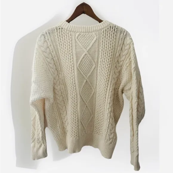 Madewell Oversized Cable Knit Sweater L Cream Ivory Fisherman Preppy Cotton - Image 7