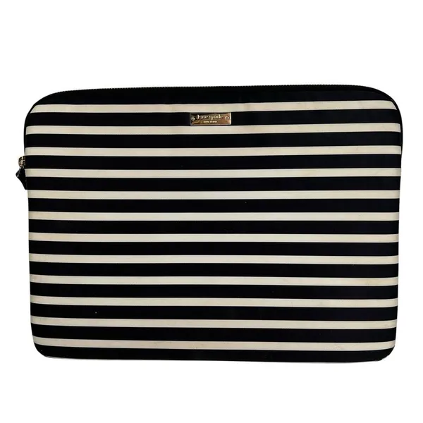 Kate Spade 13" Laptop Sleeve Black Cream Striped Nylon Zippered Case Padded Bag - Image 2