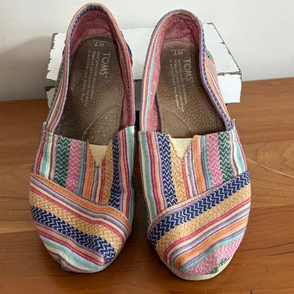 TOMS Classic‎ Alpargata Multi Color Woven Stripe Chevron Slip On Shoes Womens 7 - Image 3