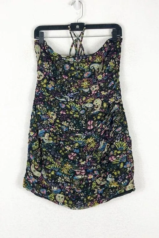 ZARA Floral Mini Dress Large Ruched Bodycon Halter Sweetheart Paisley Print - Image 3