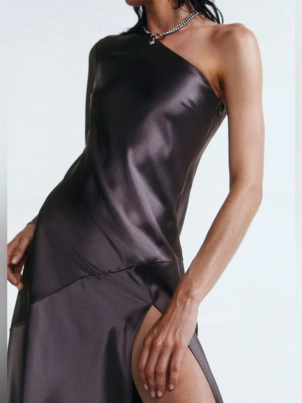 & Other Stories savoir Satin off shoulder Maxi Dress asymmetric 34 - Image 5