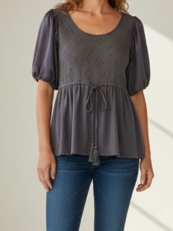 Anthropologie Deletta Elegant Blue puff sleeve belted tassle Top silk cotton - Image 4