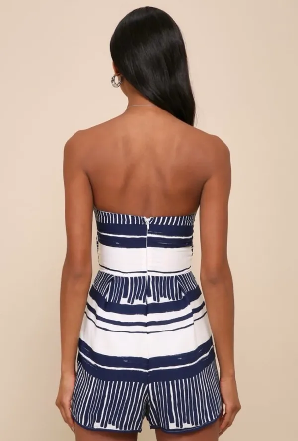 Lulu's Navy & White Strapless Tie-Front Romper - Image 3