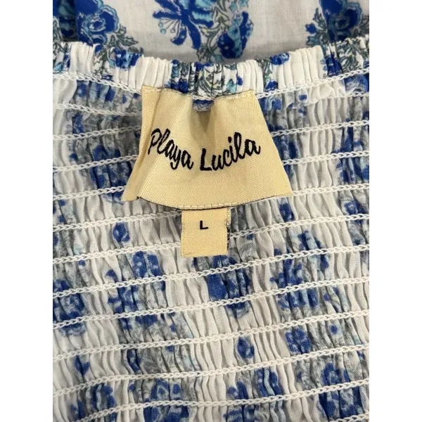 Playa Lucila Maxi Dress Blue Smock Border Tiered Sleeveless Sundress Boho Large - Image 4