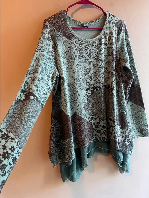 Tempo Paris Patchwork Asymmetrical Tunic Top | Sage Green Floral Layered Boho - Image 3