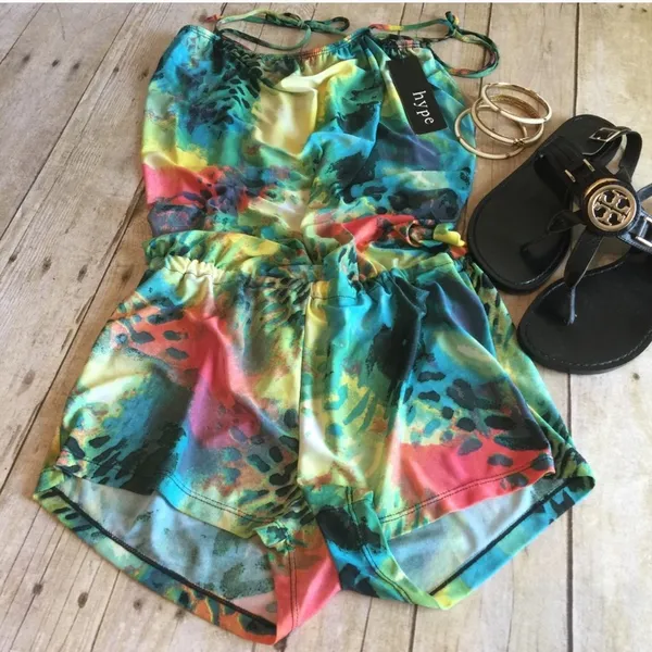 HYPE Watercolor Abstract Tie Shoulder Shorts Romper Jumper Jumpsuit - Image 7