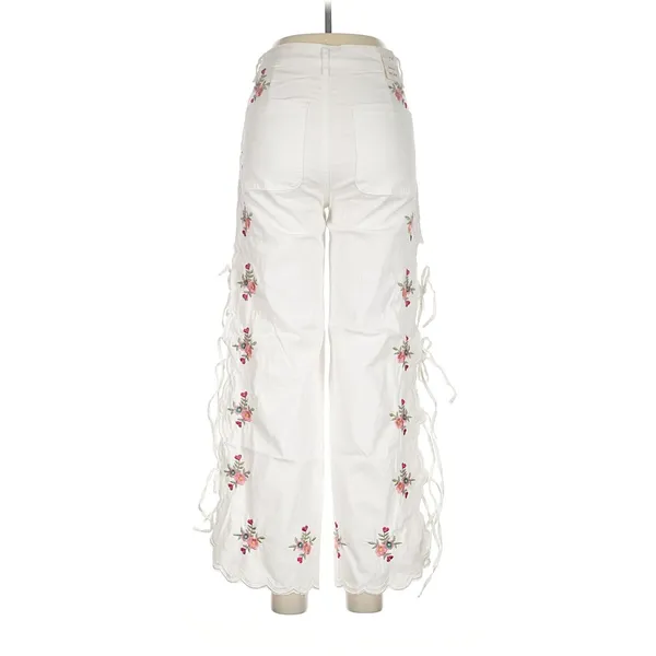 Zac & Zoe Paris White Floral Embroidered Wide Leg Lace Up Pants M 38 Boho Y2K - Image 3