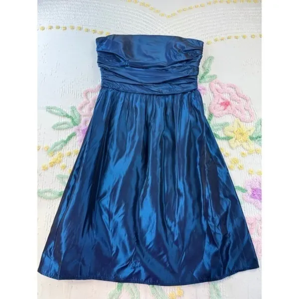 Vtg Handmade Dolly Woodruff Blue Iridescent Strapless Ruched Cocktail‎ Dress - Image 2