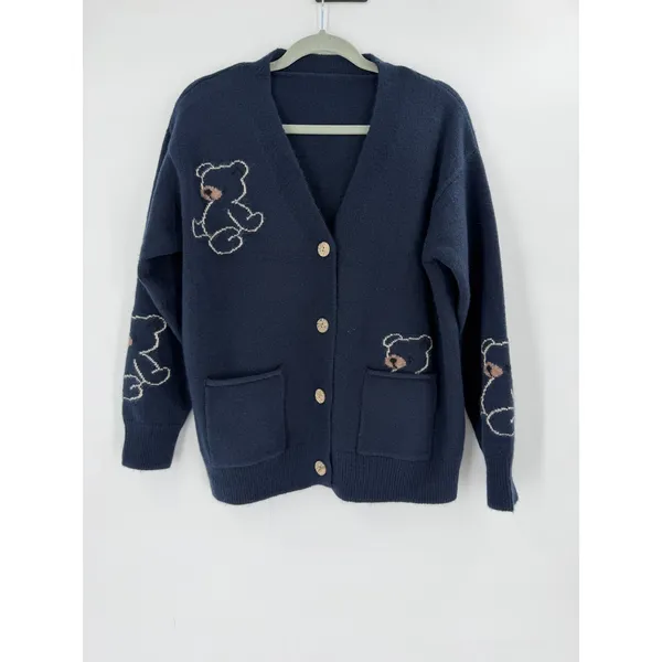 Cardigan Sweater Women Medium Navy Blue Teddy Bear‎ Embroidered Cozy - Image 3