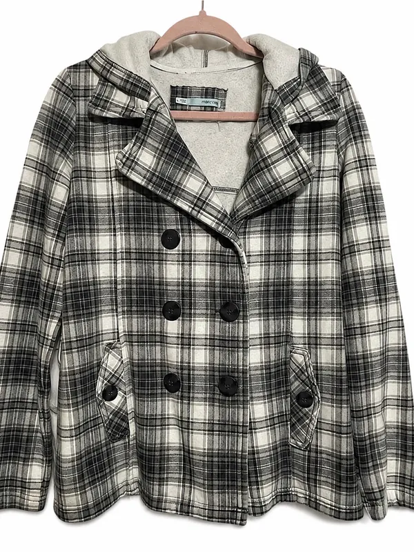 maurices Plaid Double Breasted Hooded Pea Coat Jacket Women's Size L - Image 2