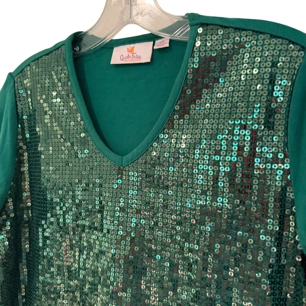 Quacker Factory Sequin V-Neck 3/4‎ Sleeve Glam Top Womens XS Green Holiday Party - Image 2