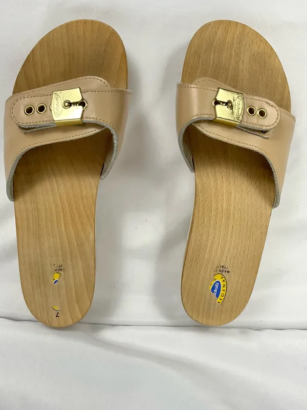 Vintage Dr. Scholl's Pescura Wood Sandals Tan Leather Italy Size 7 Original - Image 9