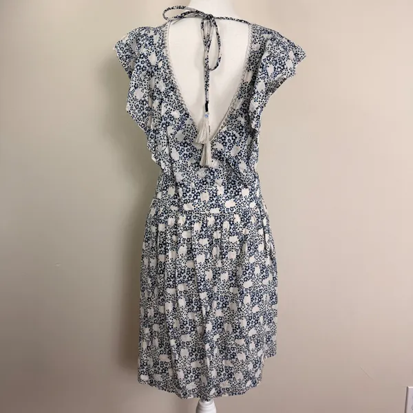 Anthropologie V-neck Plunge Tunic Mini Dress Blue Floral Crochet Tassel Large‎ - Image 5