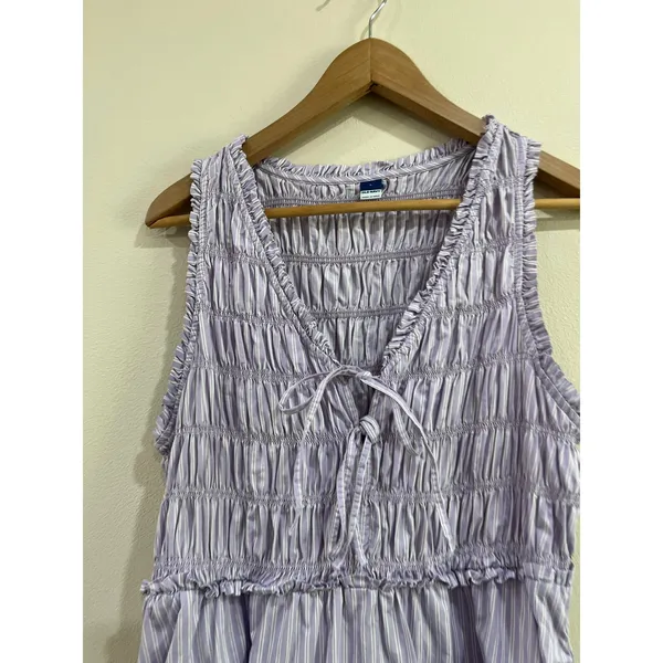 Old Navy Stripe Smocked‎ Mini Dress Cotton Poplin Purple Cottagecore Size Large - Image 5