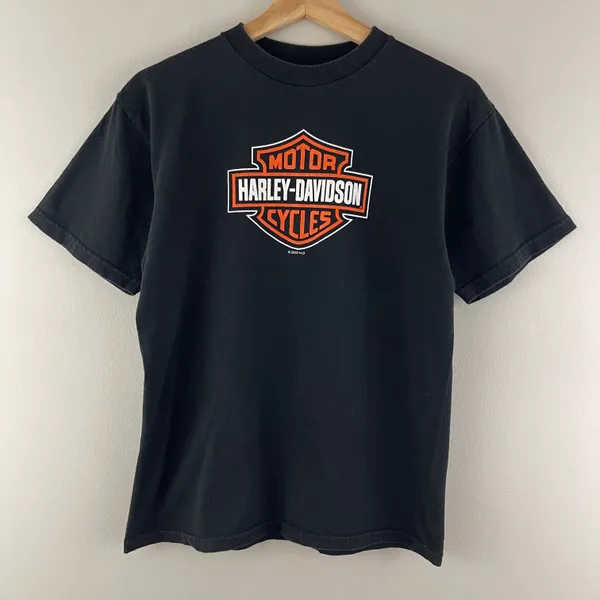 Harley Davidson Vintage Y2K Black Orange Large Emblem Logo Moto Graphic Tee - Image 2