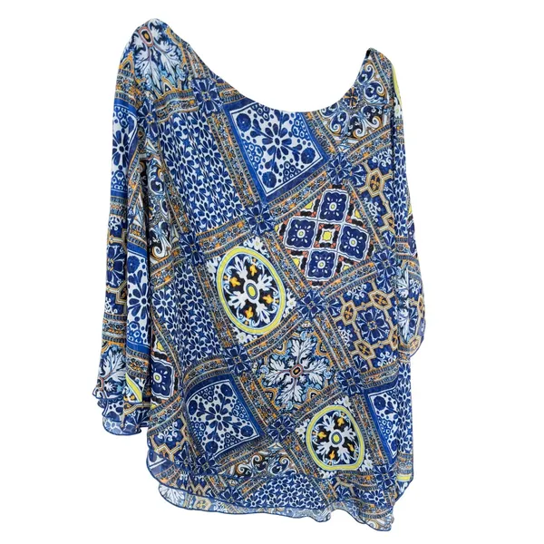 Show Me Your Mumu Tunic Top Large Blue Yellow Tile Print Flutter Sleeve‎ Sheer L - Image 4
