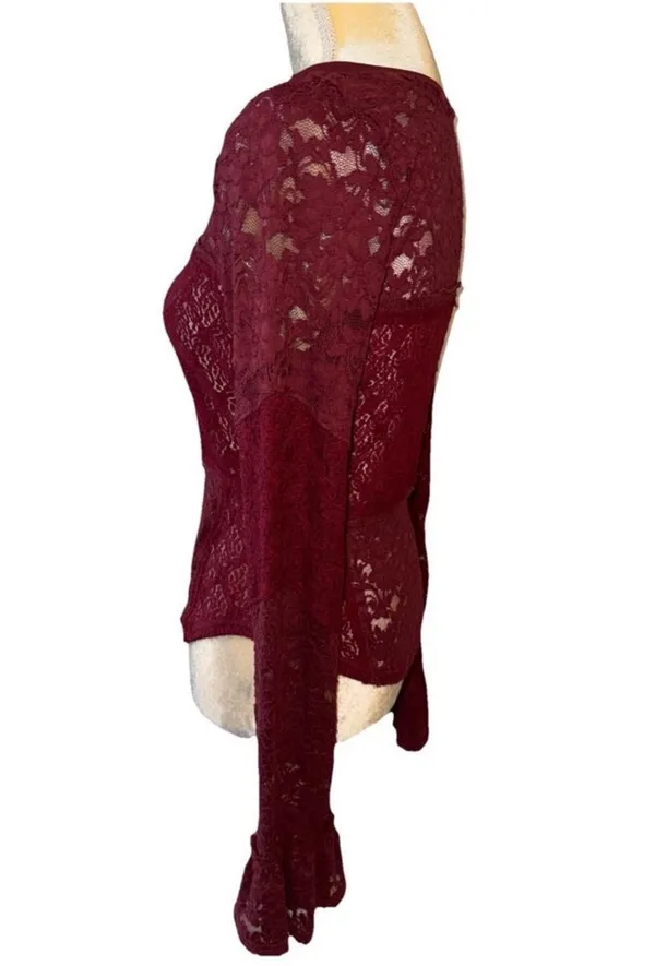 NWT Free People Burgundy Lace Long Sleeve Top M - Image 14