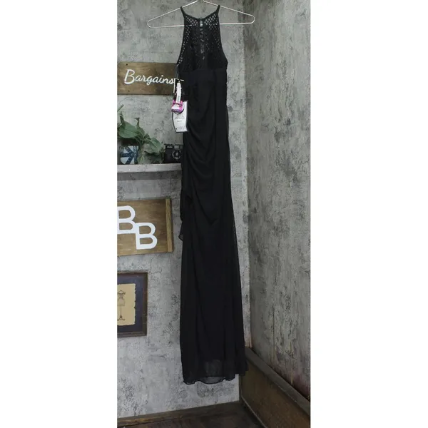 Blondie Nites Juniors Crochet Knit Ruched Gown Dress 56318 Black 3 - Image 2