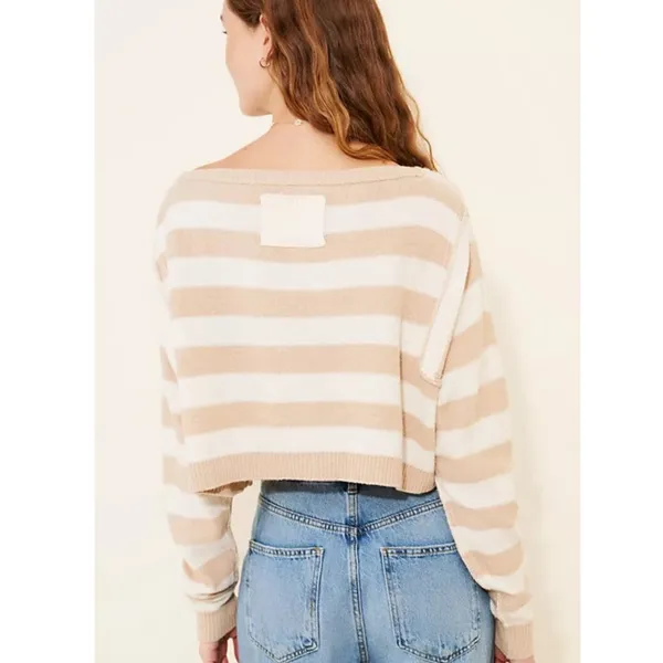 We The Free Into The Blue Striped Sweater Crop Small Tan Cream Granola Cozy Fall - Image 12
