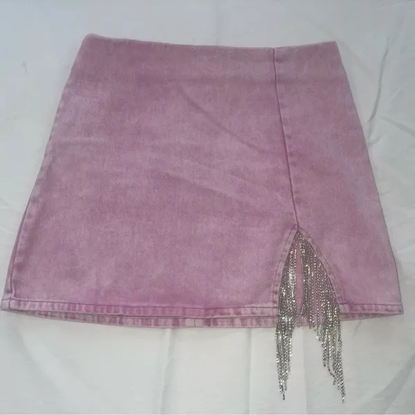Sparkle Rhinestone Fringe Pink Denim Mini Skirt. Women’s Large-High Waisted - Image 3