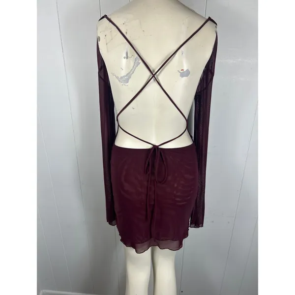 Edikted Lace Up Mesh Mini Dress In Burgandy. Size M NWOT - Image 6